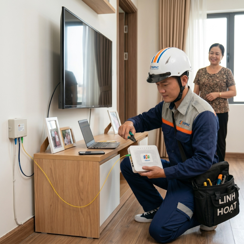 Kỹ thuật viên FPT lắp đặt thiết bị tại nhà khách hàng